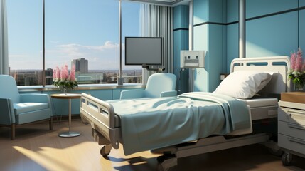A hospital room with a bed, a chair, and a television