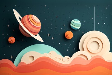 Create a colorful and vibrant space illustration using a paper-cut style. Include various planets, moons, and stars. The overall aesthetic should be playful and whimsical.
