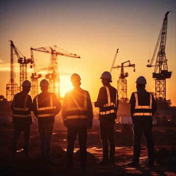 Construction workers on a building site at sunset
