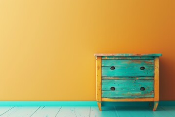 A colorful dresser sits in front of a colorful wall
