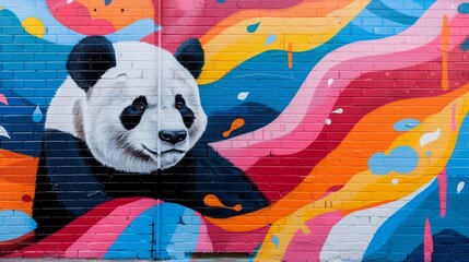 A panda painting on a brick wall 