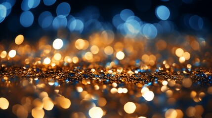Blue and gold glitter texture with blurred lights background