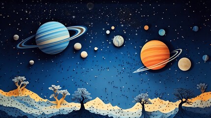 A beautiful space scene with a starry night sky, planets, and a distant moon