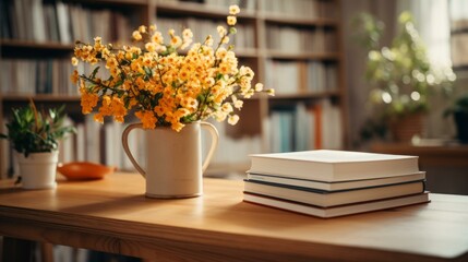 A beautiful vase of yellow flowers sits on a wooden table in a home library.