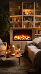 cozy living room with fireplace and bookshelf