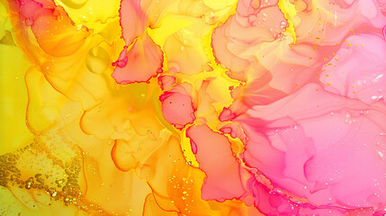 Electric yellow and vivid pink alcohol ink art, high gloss, marble-like texture.