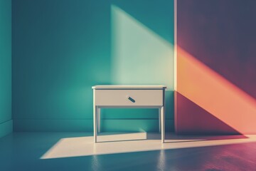 A white nightstand sits in a room with a blue wall