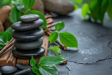 Stacked stones with wooden spa theme board, green leaves and sticks