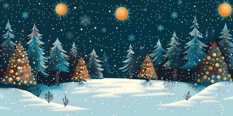 Snowy Forest with Decorated Christmas Trees