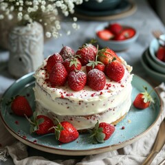 A delicious strawberry cake with fresh strawberries on top