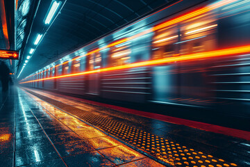 Blurred motion of a speeding train in a modern subway