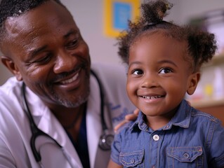 Smiling black doctor and toddler girl in exam room