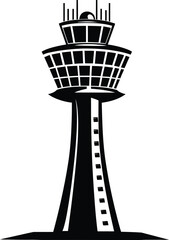 Airport Control Tower Logo And Icon with silhouette control tower icon vector isolated on white background.