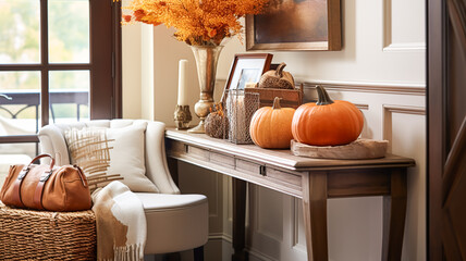 Autumnal hallway decor, interior design and house decoration, welcoming autumn entryway furniture, stairway and entrance hall home decor in an English country house and cottage style idea