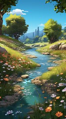 River flowing through a valley with green grass and flowers on the banks and a city in the distance - obrazy, fototapety, plakaty