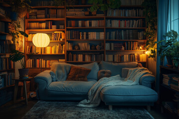 Cozy evening in a home library with warm ambient light