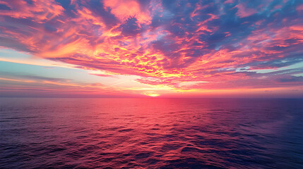 Fototapeta premium A serene sunset over the ocean with hues of orange, pink, and purple painting the sky.