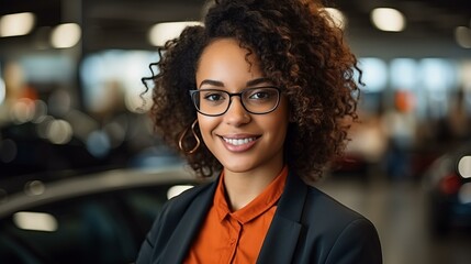 Portrait of a young African-American woman smiling in front of a blurred background of a car dealership.