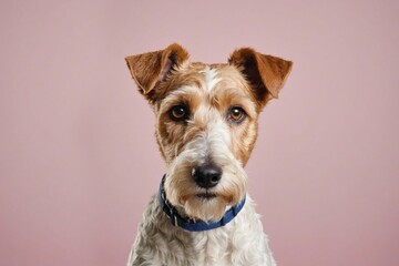 Portrait of Wire Fox Terrier dog looking at camera, copy space. Studio shot.