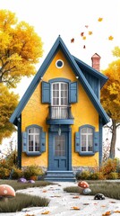 Small yellow cottage house with blue shutters