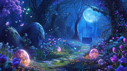 A moonlit Easter garden where glow-in-the-dark fireflies illuminate the path to a hidden treasure trove of chocolate eggs.