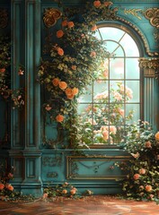 ornate background with flowers and large window