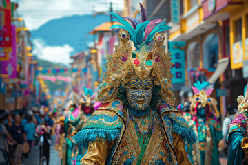 Fototapeta premium Colorful carnival costume parade on vibrant town street