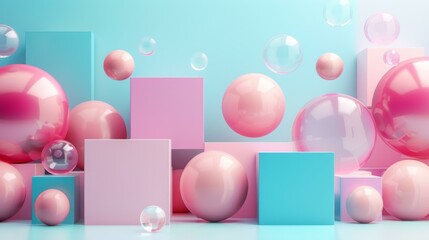 Pink and blue pastel color 3D rendering of geometric shapes