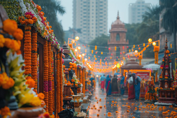 Vibrant flower market during evening with festive lights