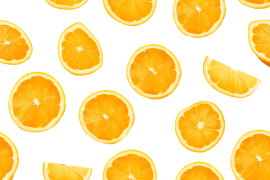 Bright orange slices arrayed on a transparent background, showcasing varying cuts from full rounds to wedges. Generative AI