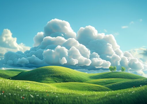 Green rolling hills under a blue sky and white clouds