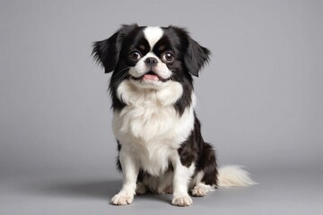sit Japanese Chin dog with open mouth looking at camera, copy space. Studio shot.