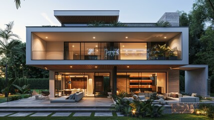 Obraz premium A visualization of a modern house with a pool