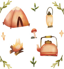 Hand drawn watercolor camping tools collection. Camping tools clipart. Camping tools element. Cute camping tools.  Amping tools free vector art.