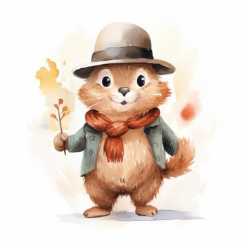 A watercolor painting of a groundhog wearing a hat and scarf.