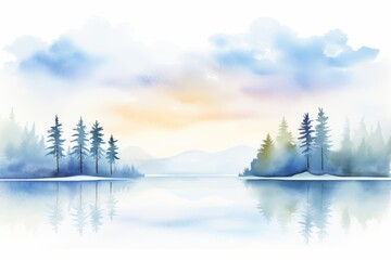watercolor painting of a winter landscape with a lake, mountains, and trees