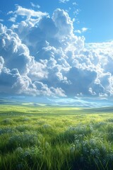 Green Grass Field Under Blue Sky With White Clouds - obrazy, fototapety, plakaty