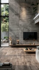 Modern minimalist living room interior design with concrete wall and wooden floor