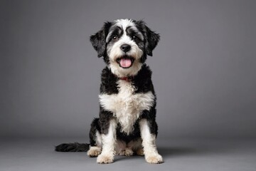 Fototapeta premium sit Lowchen dog with open mouth looking at camera, copy space. Studio shot.