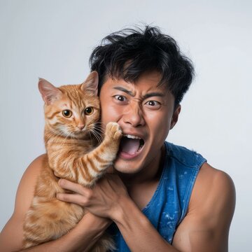 A ginger cat is biting an Asian man's cheek