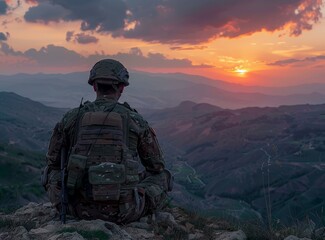 Soldier looking at sunset over mountain range