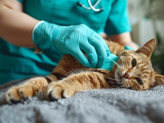 Close-up Of A Veterinarian Examining A Ginger Cat