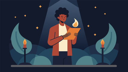 With a candle in hand a spoken word artist sets the stage aglow with a heartfelt poem recognizing the sacrifices and triumphs of the Black community. Vector illustration - obrazy, fototapety, plakaty