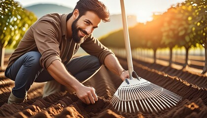 farmer prepares the soil with a rake before planting plants. - Powered by Adobe