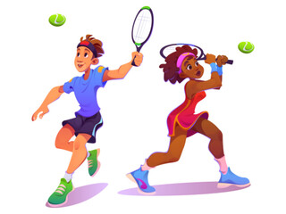 Tennis player sport character woman and man vector. Athlete people hit ball with racket cartoon illustration set. Running male student play game in uniform. Isolated professional african female person - obrazy, fototapety, plakaty