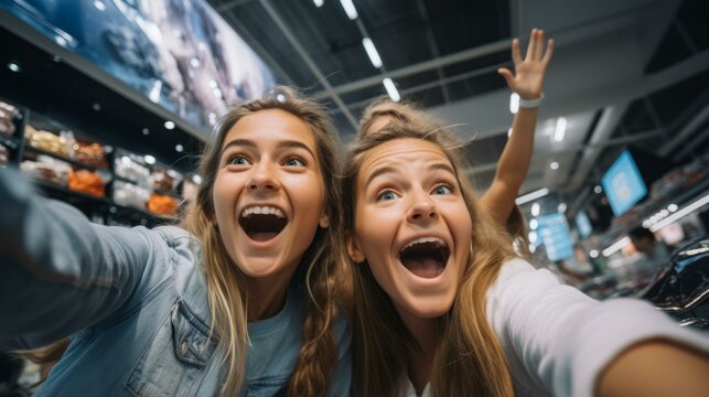 Two excited young women taking a selfie in a shopping mall