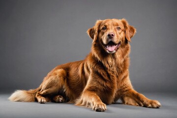 sit Nova Scotia Duck Tolling Retriever dog with open mouth looking at camera, copy space. Studio shot.