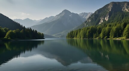 Volcanic mountain in morning light reflected in calm waters of lake.generative.ai