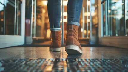 A captivating image of a person's feet, stepping out of the office building, representing the liberation of leaving early on Leave The Office Early Day.