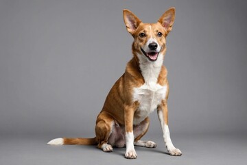 sit Portuguese Podengo dog with open mouth looking at camera, copy space. Studio shot.